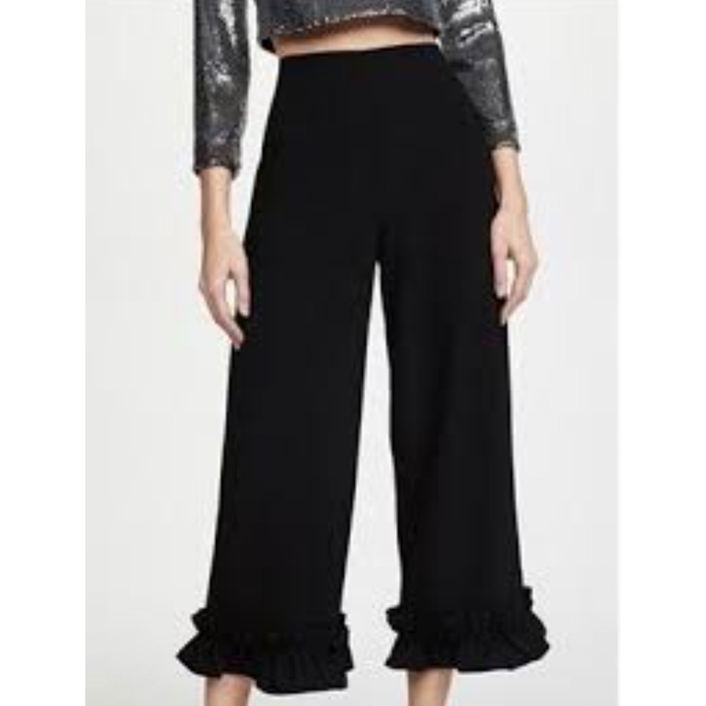 Club Monaco Black Ruffle Hem High Rise Wide Leg Cropped Pants 00 Side Zip Crepe